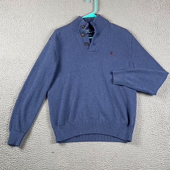 Polo Ralph Lauren Men's M Blue Mock Neck Sweater 1/4 Button Placket 100% Cotton - Picture 1 of 9